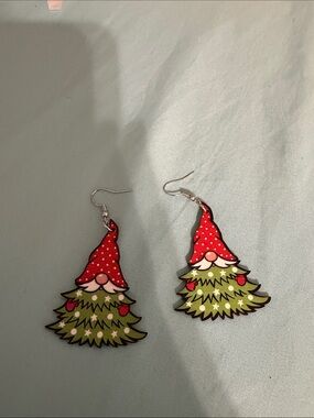 Festive Red & Green Gnome Tree Drop Earrings
